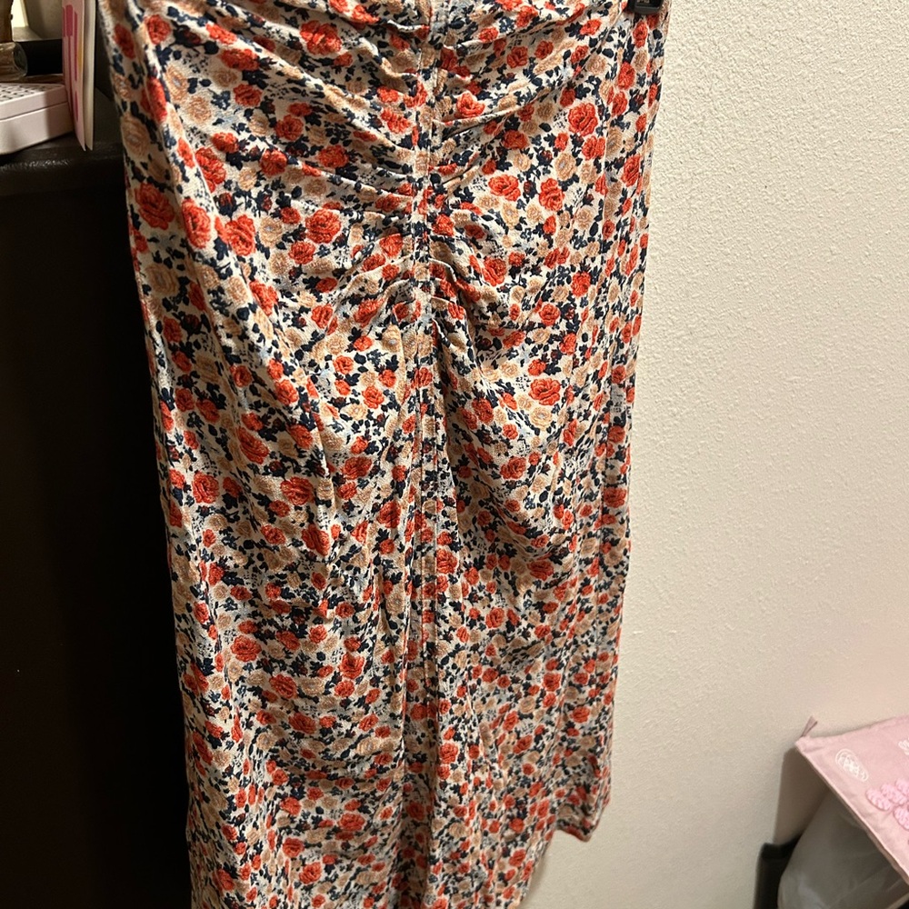 Rouje Orange Black Ruched Midi Skirt